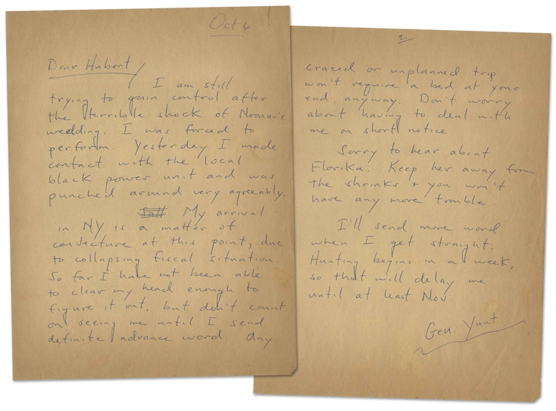Hunter S. Thompson Autograph Letter From 1966 -- ''...I made contact with the local black power unit and was punched around very agreeably...''